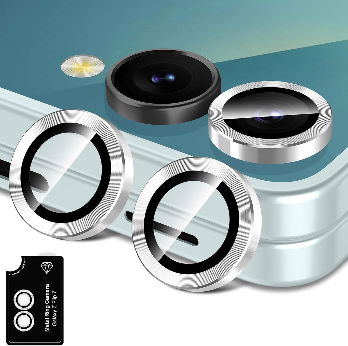 for Samsung Galaxy Z Flip 7 Camera Lens Protector, Individual Metal Ring Tempered Glass Lens Cover, [Strong Adsorption] Scratch Resistant Ultra-Thin HD Clear Lens Cover, 1 Set-Silvery