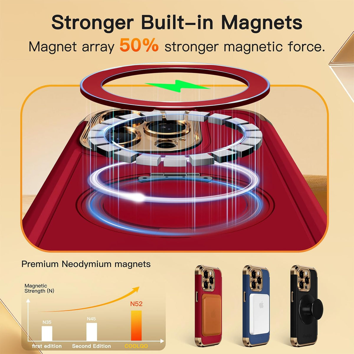 COOLQO for iPhone 14 Pro Max Case 6.7'' Upgraded 360° Spin Magnetic Stand [Compatible with Magsafe][Military Protection] Shockproof Protective Phone Holder Cover for iPhone 14 Pro Max, Red Gold