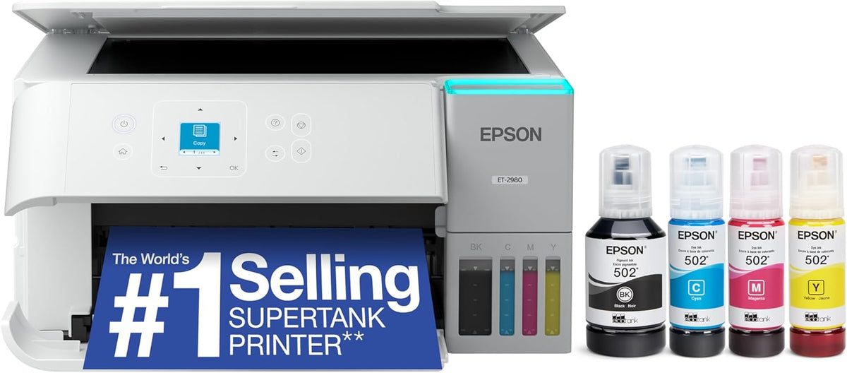 Epson EcoTank ET-2980 Wireless All-in-One Color Supertank Printer with up to 3 Years of Ink, Refillable Tanks, Perfect for Home, 15 PPM, 1.44" Color Screen, Auto 2-Sided Printing - White