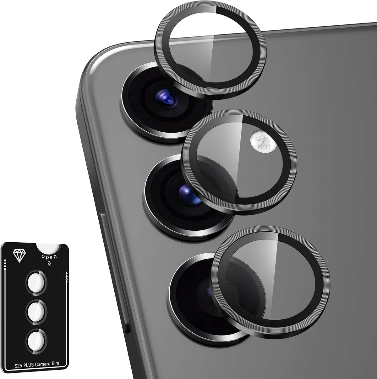for Samsung Galaxy S25 Plus Camera Lens Protector, Individual Metal Ring Tempered Glass Lens Cover, [Strong Adsorption] Scratch Resistant Ultra-Thin HD Clear Lens Cover, 1 Set-Black