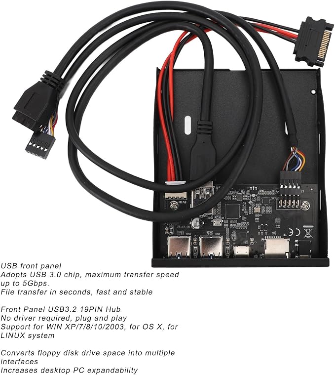 Front Panel USB 3.0 Hub 3.5 Inches USB Hub Front Panel 19PIN to C Port with 2xUSB3.0 1xTYPE C HD Sound SD Card/TF Card Reader for OS X Linux