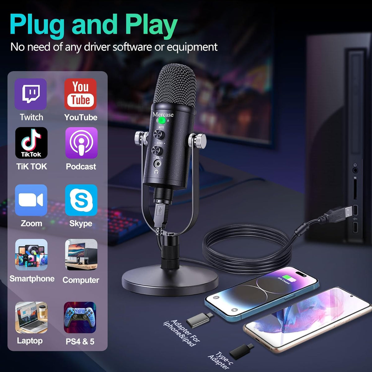 Mercase USB Condenser Microphone for PC, Mac, Phones, PS4/PS5 – Plug & Play Studio Mic with Mute Button & Noise Reduction – for Recording, Streaming, Podcasting, Gaming, Zoom, TikTok, YouTube