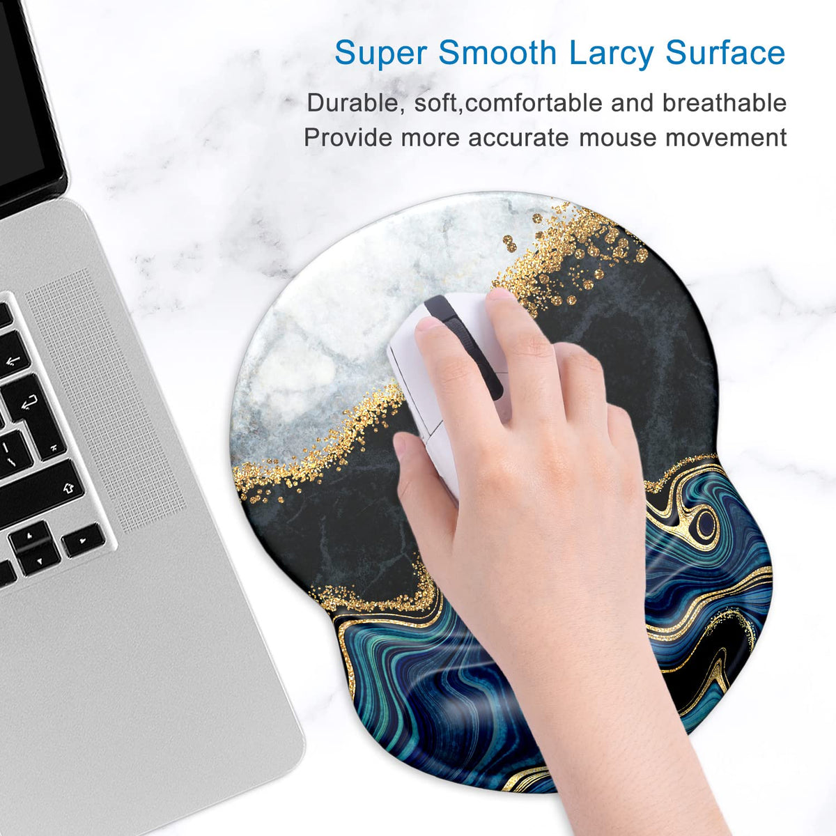 ITNRSIIET Ergonomic Mouse Pad with Gel Wrist Support Small Wrist Rest Smooth Surface Non-Slip PU Base Comfortable Office Supplies Pain Relief, 8.7 x 7.2 inches, Abstract Art Marble
