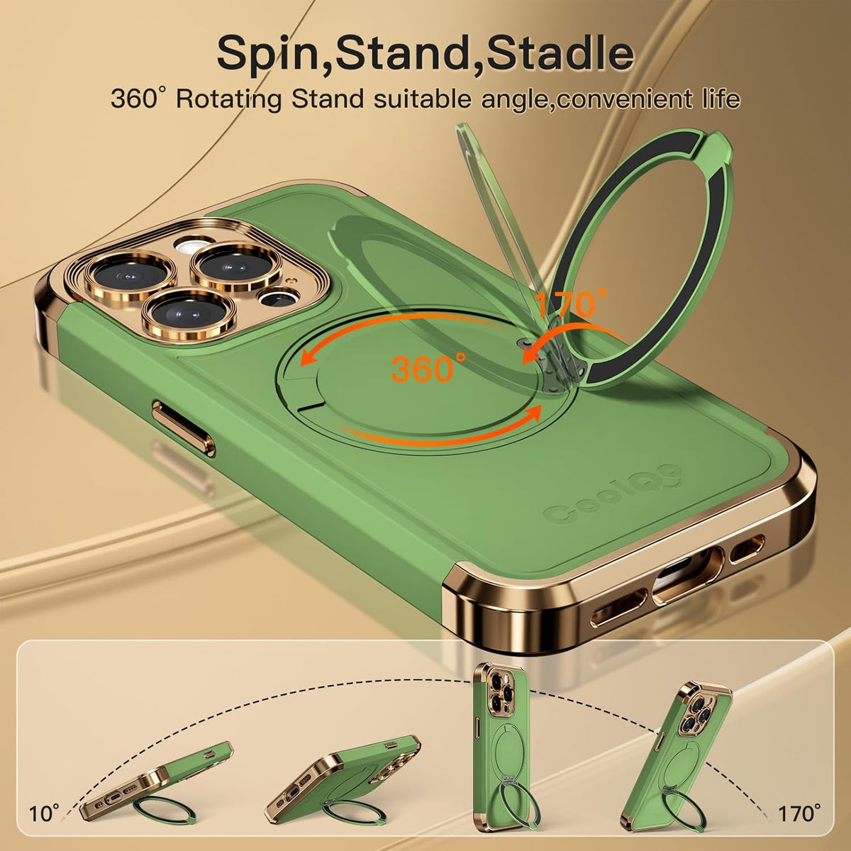 COOLQO for iPhone 15 Pro Max Case 6.7'' Upgraded 360° Spin Magnetic Stand [Compatible with Magsafe][Military Protection] Shockproof Protective Phone Holder Cover for iPhone 15 Pro Max, Matcha Gold