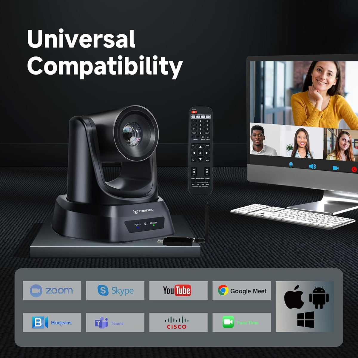 Wireless Conference Room Webcam, Church Live Streaming 10X USB 1080P 60fps PTZ Camera for Worship Services Online Conference, Works with Zoom, Skype OBS