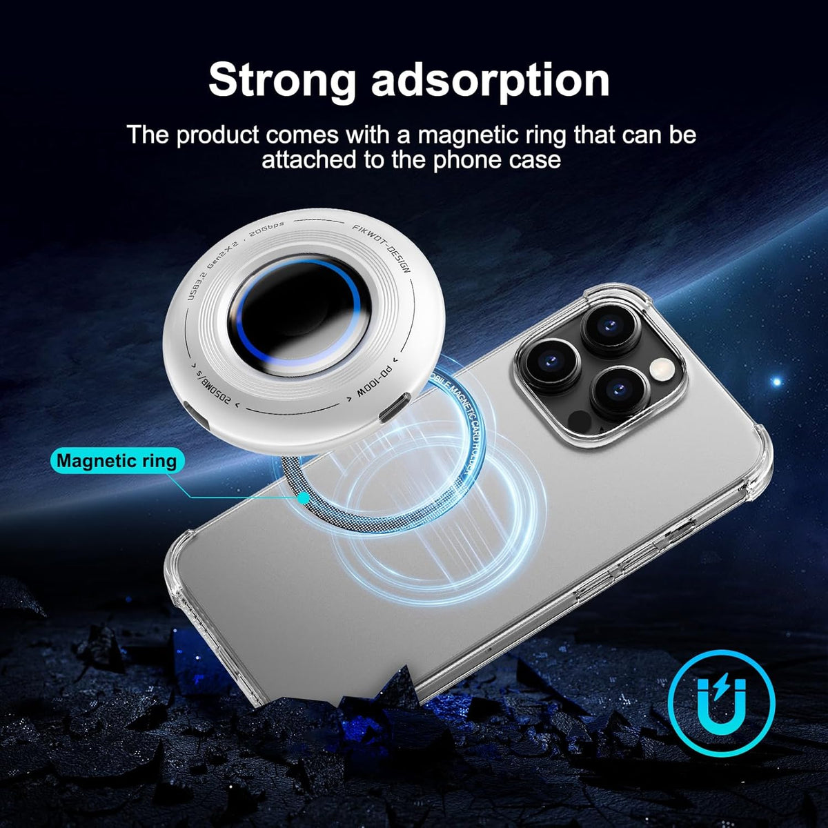 FP108 500GB Magnetic Portable SSD, External Solid State Drives with PD-100W and 2050MB/s USB-C 3.2 Gen 2x2, Play While Charging, Compatible with iPhone 16/15 Pro Max, Android, PC, Mac, Switch Lite