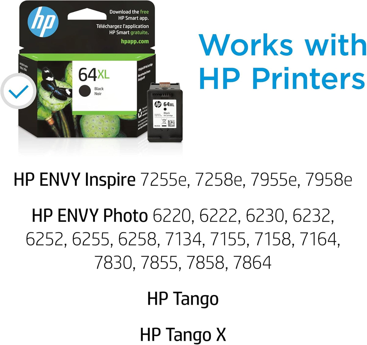 HP 64XL Black High-yield Ink Cartridge for HP Printers | Works with Printer Series: ENVY Inspire 7950e; ENVY Photo 6200, 7100, 7800; Tango | Eligible for Instant Ink | N9J92AN