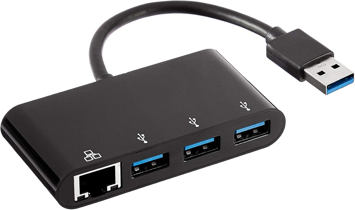 Amazon Basics 4-Port Adapter With 3 USB 3.0 USB-A Ports & 1 RJ45 Gigabit Ethernet Port, Black