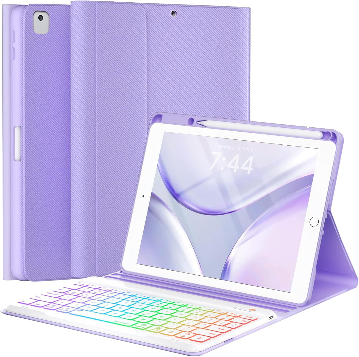 OYEEICE for iPad 9th Generation Case with Keyboard 10.2'' - 7 Color Backlit Wireless Keyboard Cover with Pencil Holder for iPad 9th/8th/7th Gen 10.2 inch, iPad Air 3rd Gen & iPad Pro 10.5" - Purple