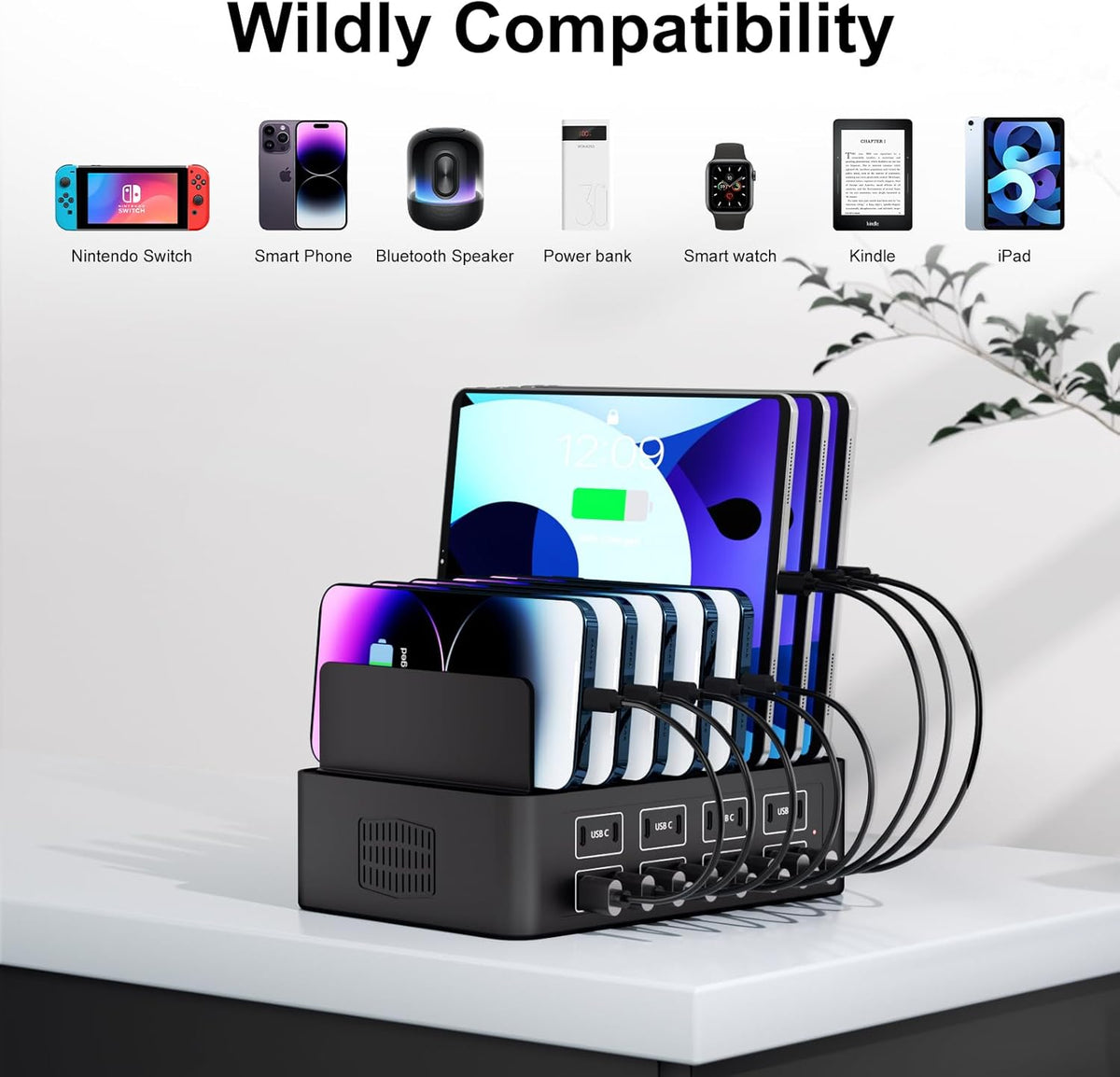 150W/35A Charging Station for Multiple Devices, 16 Port USB C Fast Charging Station with Adjustable Dividers - Organizer Charging Dock for Smartphone, iPad, Kindle, Tablet & More