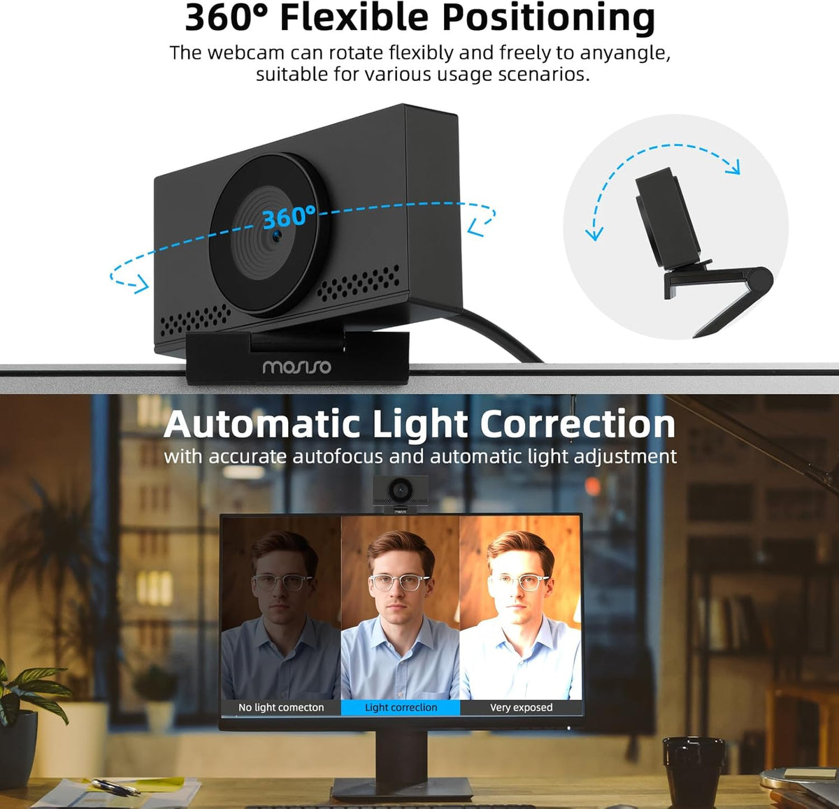 MOSISO 4K Webcam for PC & Laptop with Microphone and Webcam Cover, Auto Light Correction, USB Plug and Play for Live Streaming Video Call Conference Online Lessons Game, Black