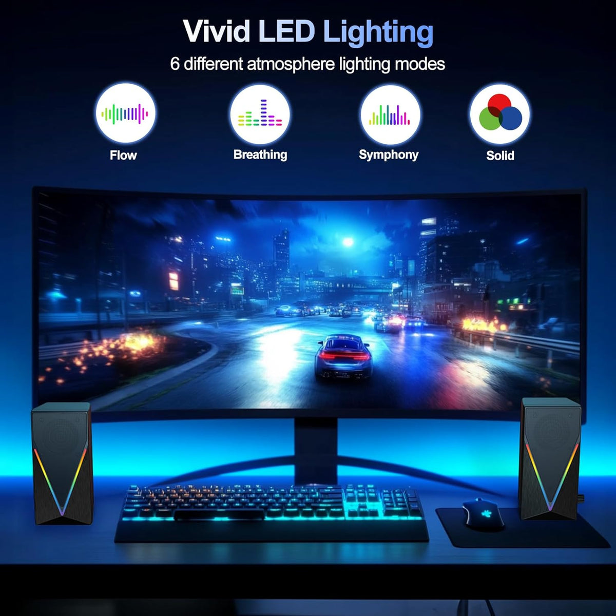 RGB Desktop Speakers with Enhanced Bass, Volume Control & 6 Colorful Lights - USB Powered & 3.5mm Aux Gaming Speakers for Laptop, PC, Tablet, Phone