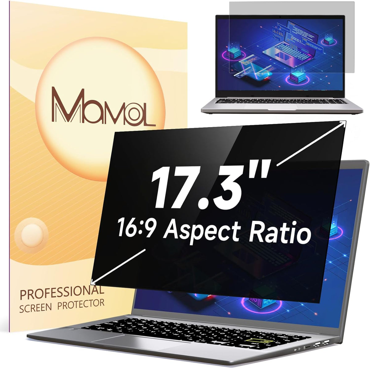 Mamol Laptop Privacy Screen 17.3 Inch, Anti Blue Light Glare Filter, Removable Shield, Anti-Scratch Screen Protector