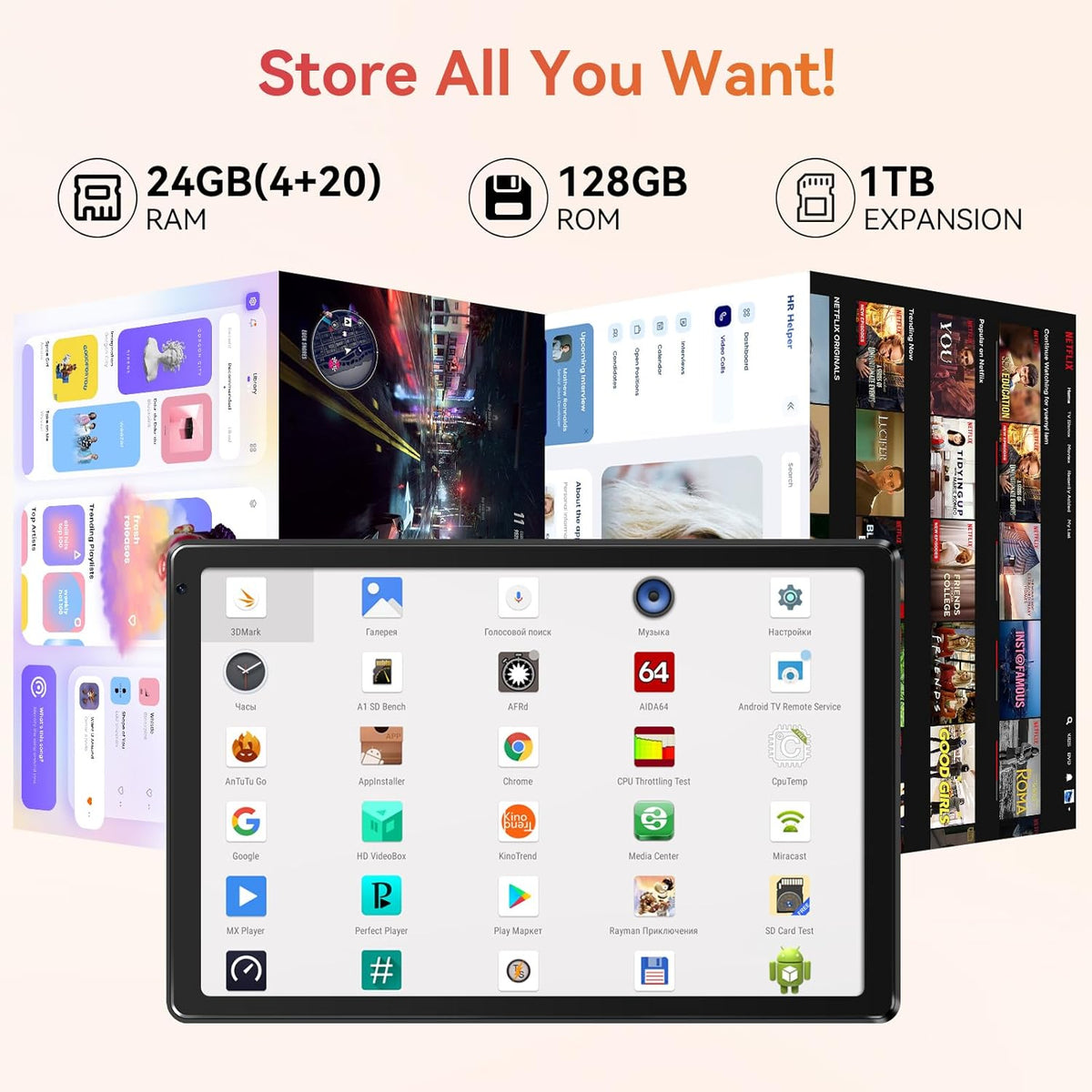 Tablet,10.1" Android 15 Tablet with Octa-core Processor 24GB RAM 128GB ROM HD IPS Touchscreen 8H Battery, Wi-Fi 6, BT 5.0, Dual Camera, Android 15 Tablets with Keyboard Mouse Stylus Case Headphone