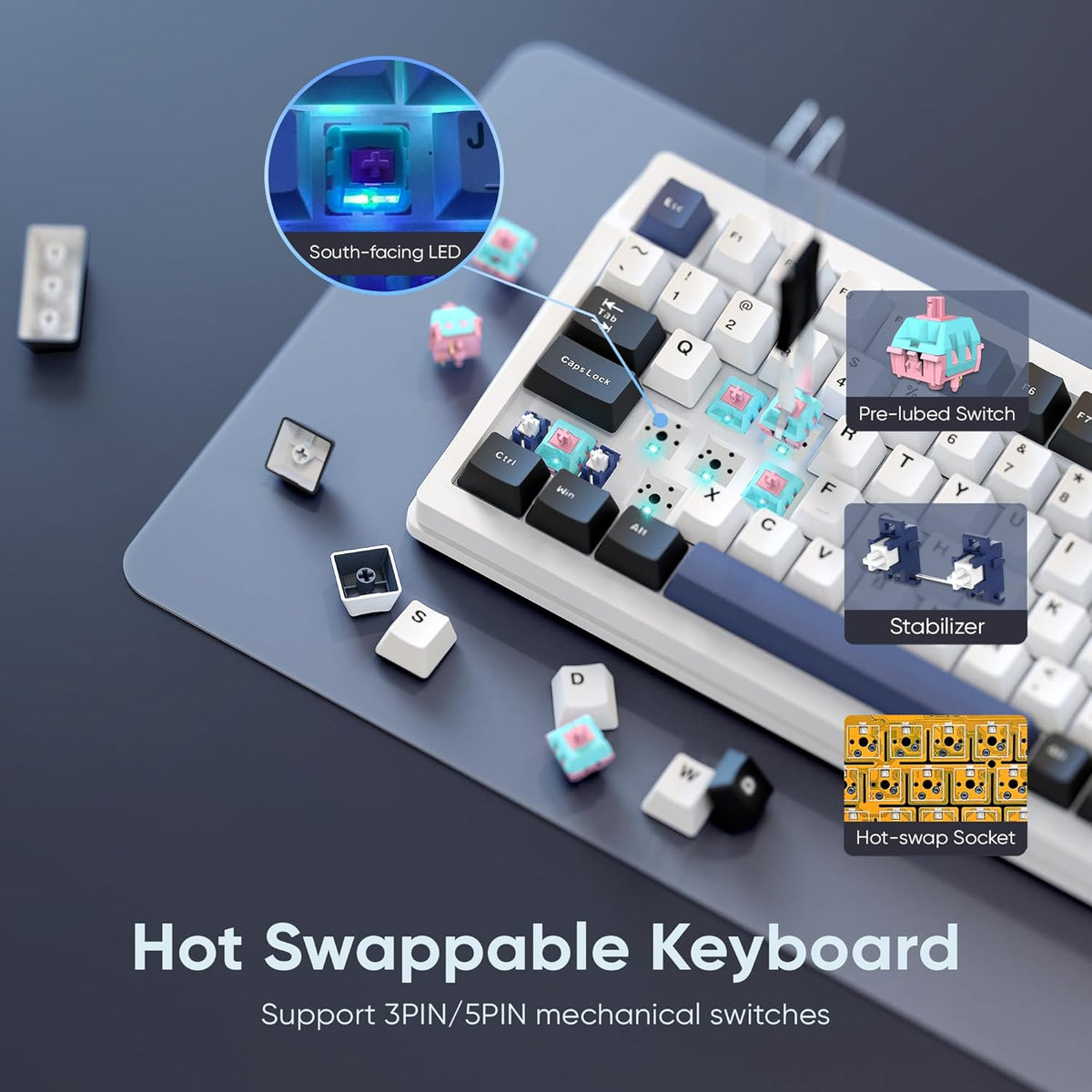 RedThunder K95 Wireless Mechanical Keyboard, TFT Screen & Knob, Tri-Mode BT5.0/2.4GHz/USB-C Hot Swappable Custom, Pre-lubed Linear Switches, Gasket Structure, RGB Gaming Keyboard, Snowy White-Blue