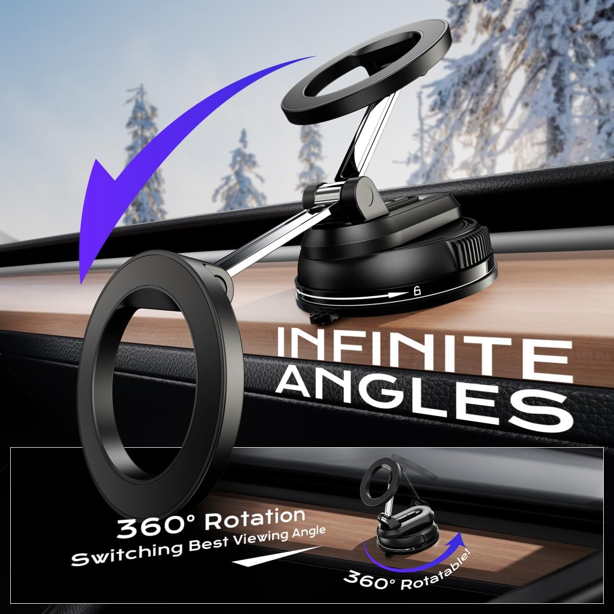 Magnetic Car Phone Holder,360° Rotation Strong Suction Car Phone Mount Detachable Vacuum Suction Phone holder Foldable Cellphone Stand for iPhone 16 15 14 13 12 Series and All Magsafe Smartphones