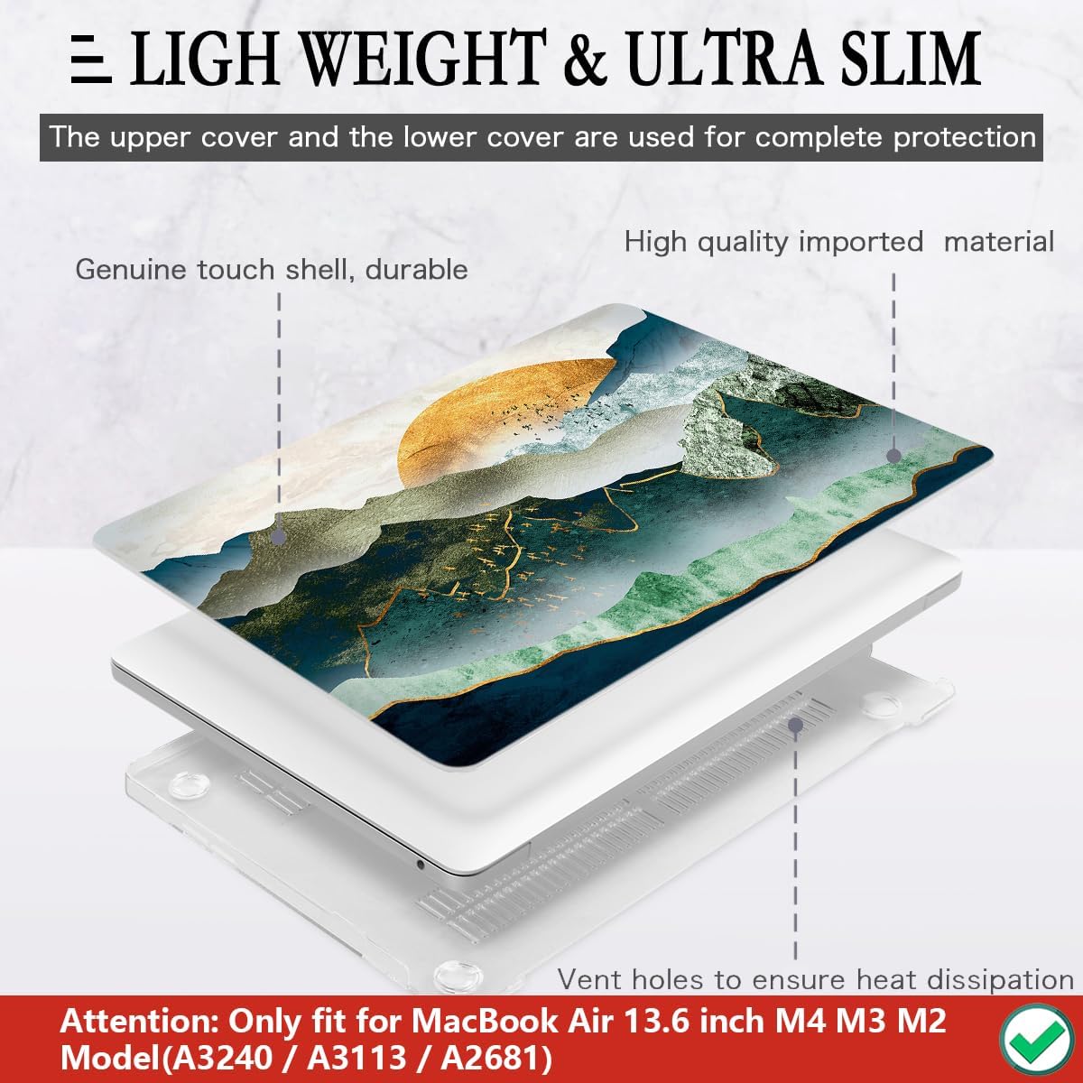 CISSOOK Mountain Case for MacBook Air 13.6 inch 2025 2024 2022 Release Model A3240 A3113 A2681, Plastic Sunshine Mountain Scenery Cover for MacBook Air 13 M4 M3 M2 Case with Keyboard Cover