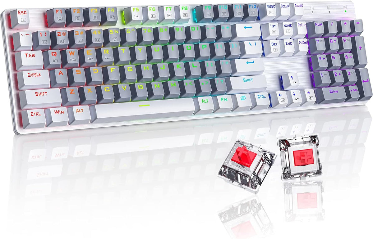 Wireless Mechanical Keyboard, Triple Mode 2.4G/USB-C/Bluetooth Gaming Keyboard, 104 Keys Programmable, Customize RGB Backlit, Red Switch, Bicolor PBT Keycaps, Rechargeable Wired for Laptop PC