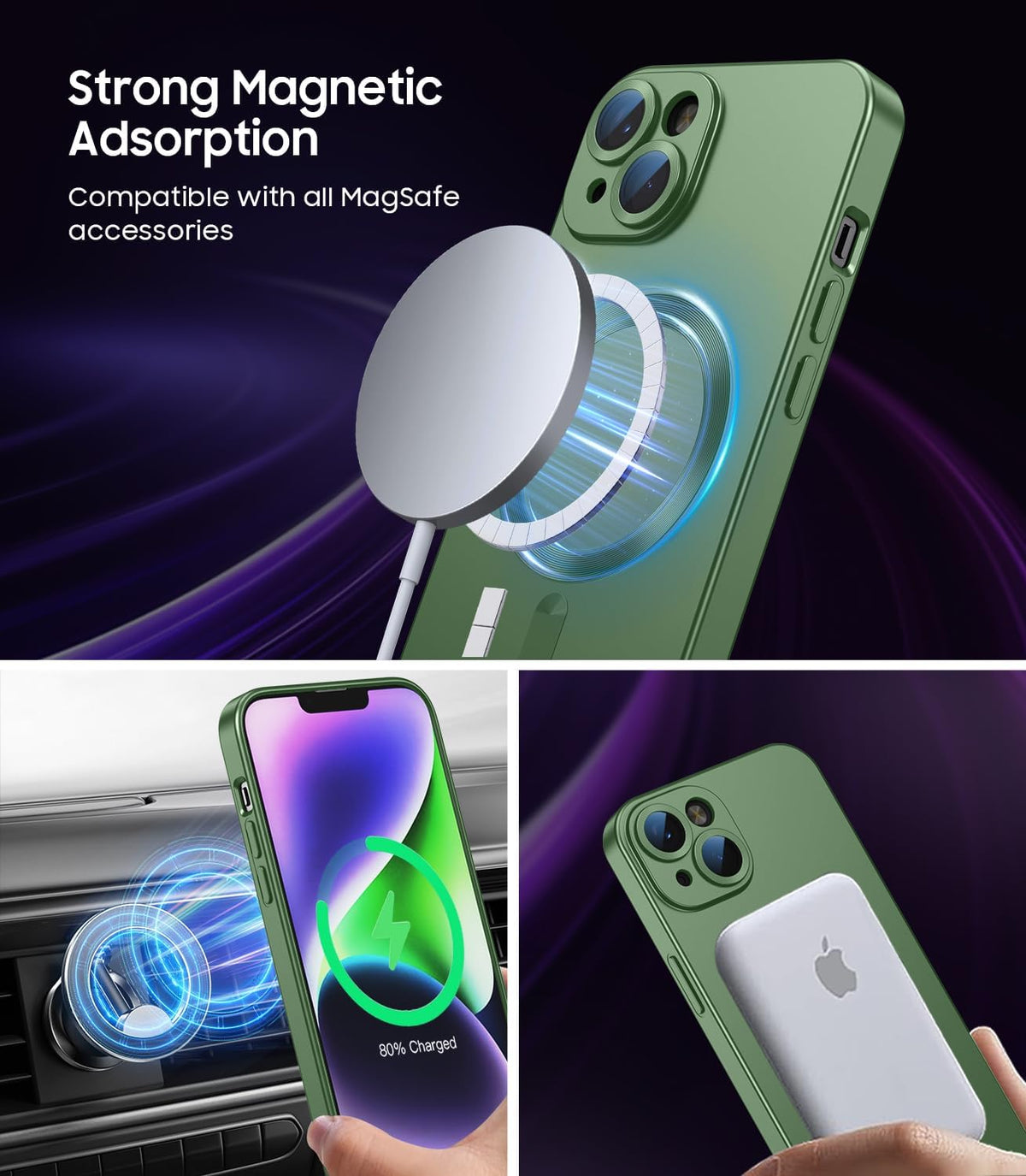 Magnetic for iPhone 15 Case [Compatible with MagSafe][Built-in Camera Lens Protector] Slim Soft Silicone Bumper Shockproof Metallic Shine Phone Case (Green)