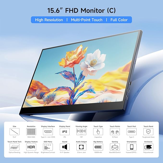 waveshare 15.6inch 10-Point Capacitive Touch Monitor Compatible with Raspberry Pi 5/4B/3B/Zero/Zero W/Zero 2W/Pico/Pico Supports Windows 11/10/8.1/8/7 and Jetson Nano/TX2/Xavier NX/Orin