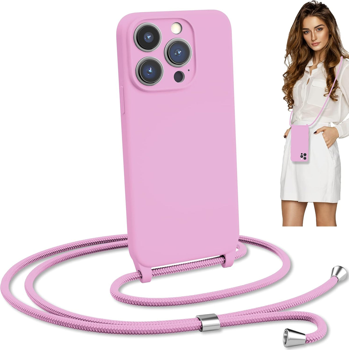 Blaspins Crossbody Lanyard Strap Case for iPhone 13 Pro, Neck Cross Body, Adjustable Holder Removable, Drop Protection Shockproof, Hands-Free Silicone Case 6.1 inch, 150 cm Strap, iP13Pro - Pink