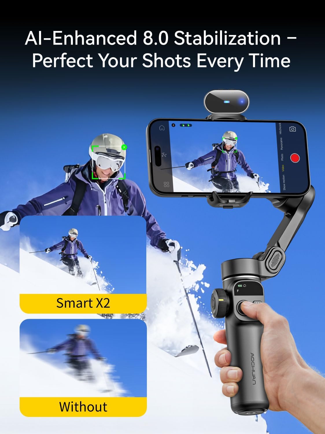Gimbal Stabilizer for iPhone with AI Tracking Sensor, Elevate Your Filming w/7.8" Extension Rod and OLED Screen for Gimbal, iPhone Gimbal w/8.0 Stability for Sports Shooting-Smart X2 AI Black