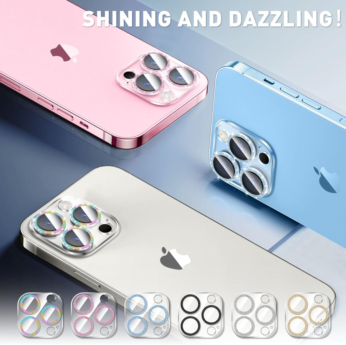 LucBuy 3PCS Sparkling Camera Lens Protector for iPhone 14 Pro/iPhone 14 Pro Max, Full Clear Acrylic Cover with Shiny Colorful Glitter Designed Decoration Back Camera Protector
