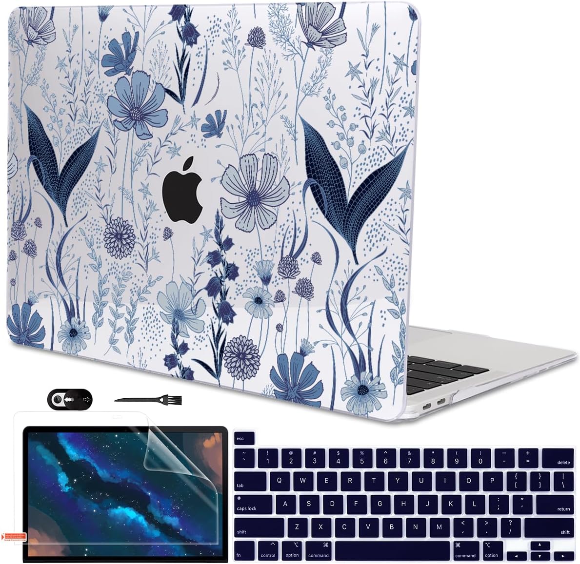 for MacBook Pro 13 Inch Case 2022 2021 2020 Release A2338 M2 M1 A2251 A2289, Plastic Hard Shell Case for MacBook Pro 13.3 inch with Touch Bar & Touch ID, Navy Blue Wild Flowers