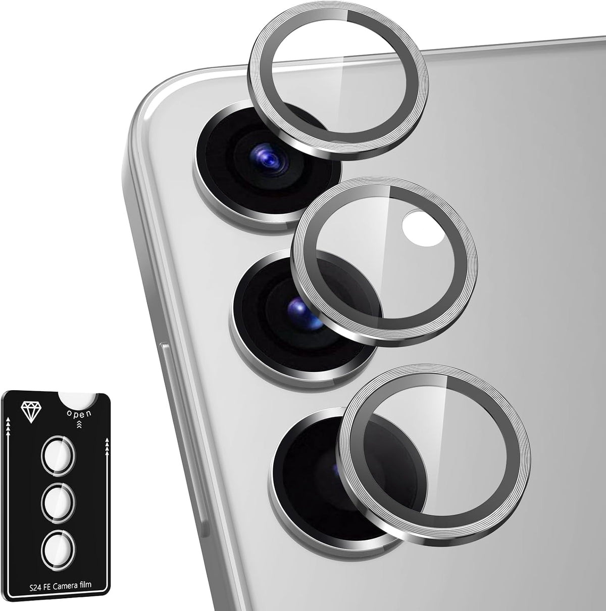 for Samsung Galaxy S24 FE Camera Lens Protector, Individual Metal Ring Tempered Glass Lens Cover, [Strong Adsorption] Scratch Resistant Ultra-Thin HD Clear Lens Cover, 1 Set-Silvery