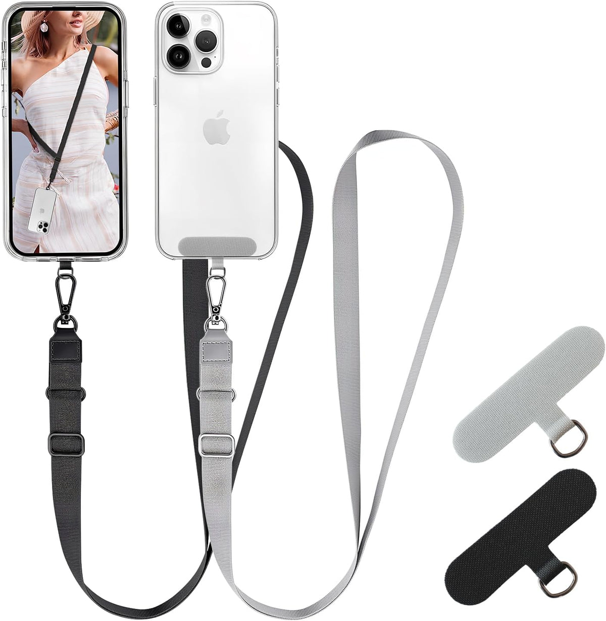 Adjustable Crossbody Cellphone Lanyard for iPhone, Includes 2 Lanyard,2 Pcs TPU phone tether tab, Black＋Clear