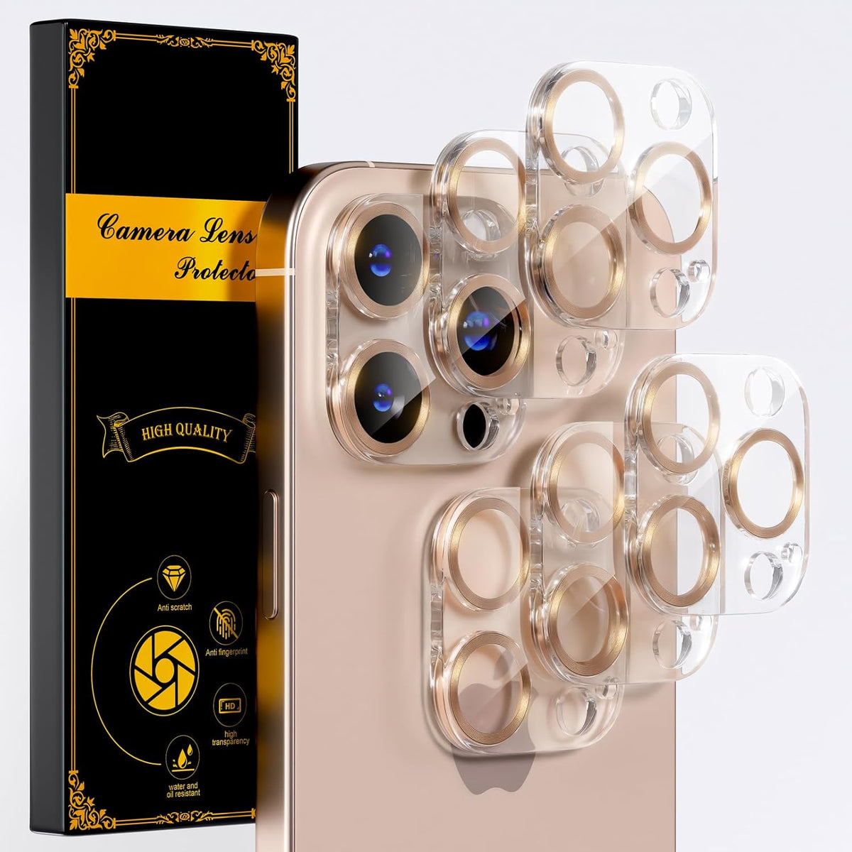 beuxece for 6 Pack iPhone 16 Pro/iPhone 16 Pro Max Camera Lens Protector [Drop Protection] [Case Friendly] [Easy Installation] 9H Tempered Glass Camera Screen Protector Cover, CD Gold