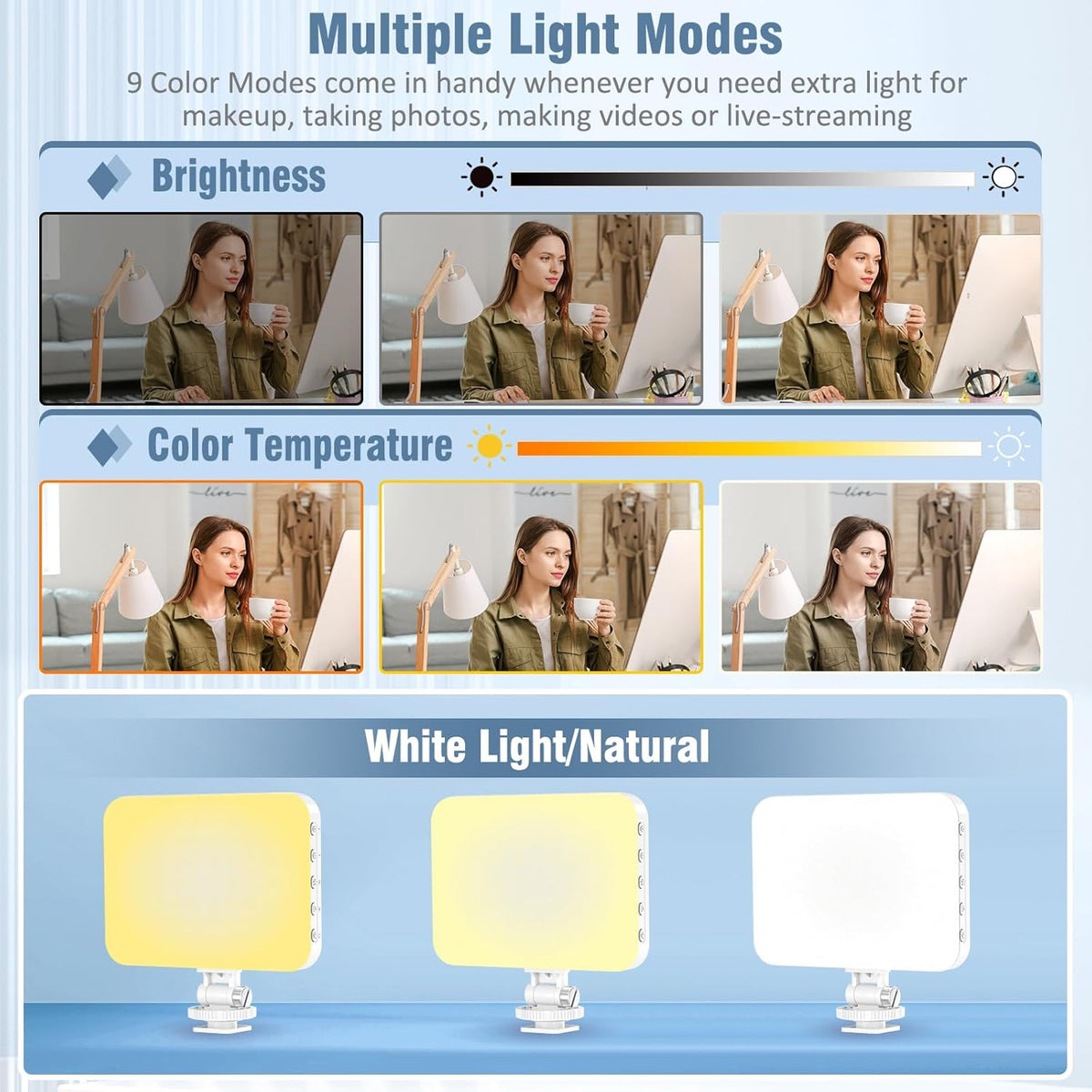 60 LED Portable Selfie Light Video Conference Lighting with Clip & Camera Tripod Adapter Rechargeable 2200mAh CRI 97+, 9 Light Modes for Phone iPhone Webcam Laptop Photo Makeup