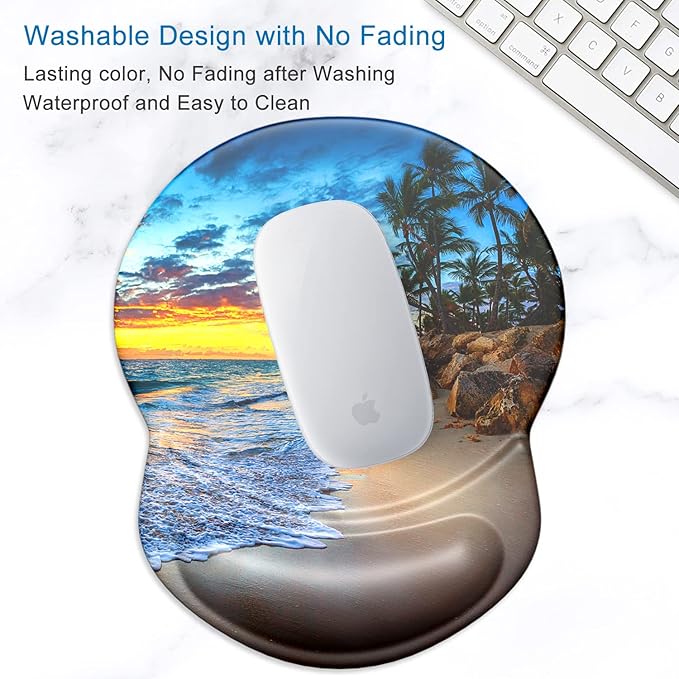 ITNRSIIET Ergonomic Mouse Pad with Gel Wrist Support Small Wrist Rest Smooth Surface Non-Slip PU Base Comfortable Office Supplies Pain Relief, 8.7 x 7.2 inches, Beach