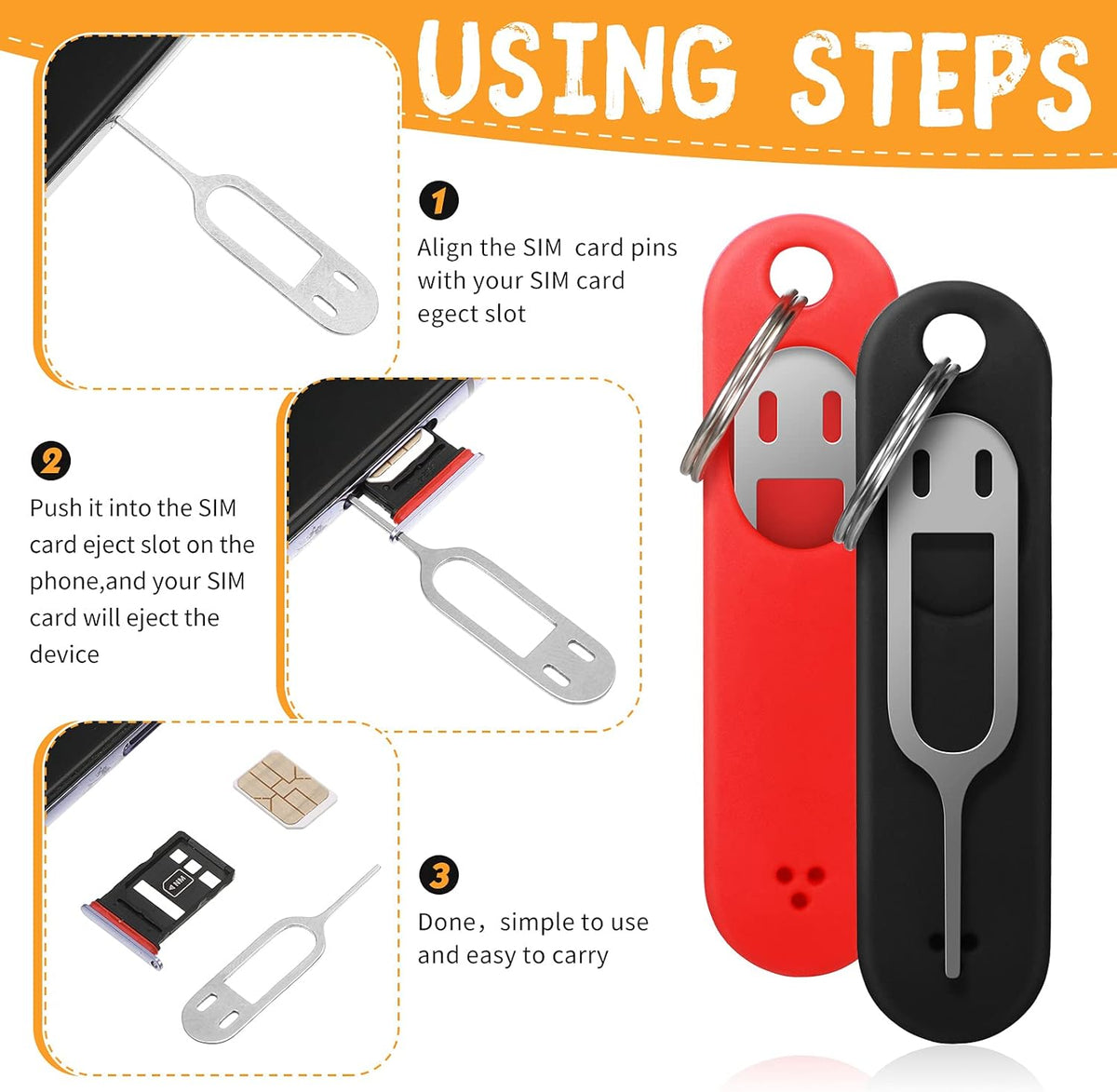 Sim Card Removal Tool Phone Chip Remover Unlock Chip Sim Card Tray Eject Pin Tool Needle Opener Ejector with Detachable Keychain Charm for Smart Phone, 4 Pieces
