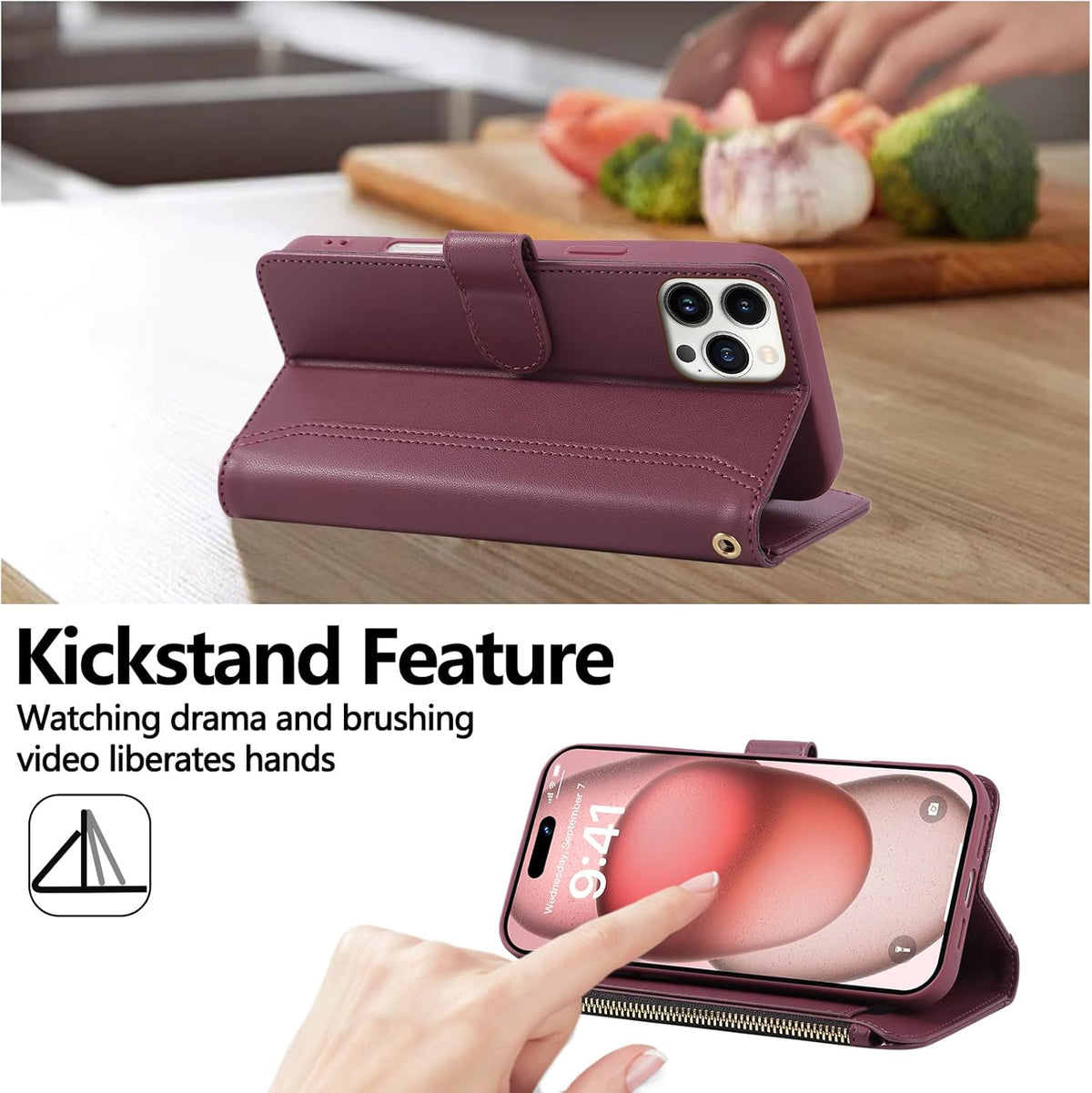 Compatible with iPhone 14 Pro Wallet Phone Case-PU Leather Magnetic Flip Cover with Credit Card Slots,Zipper Pocket & Detachable Wrist Strap,Shockproof Design,for Women and Men-Claret