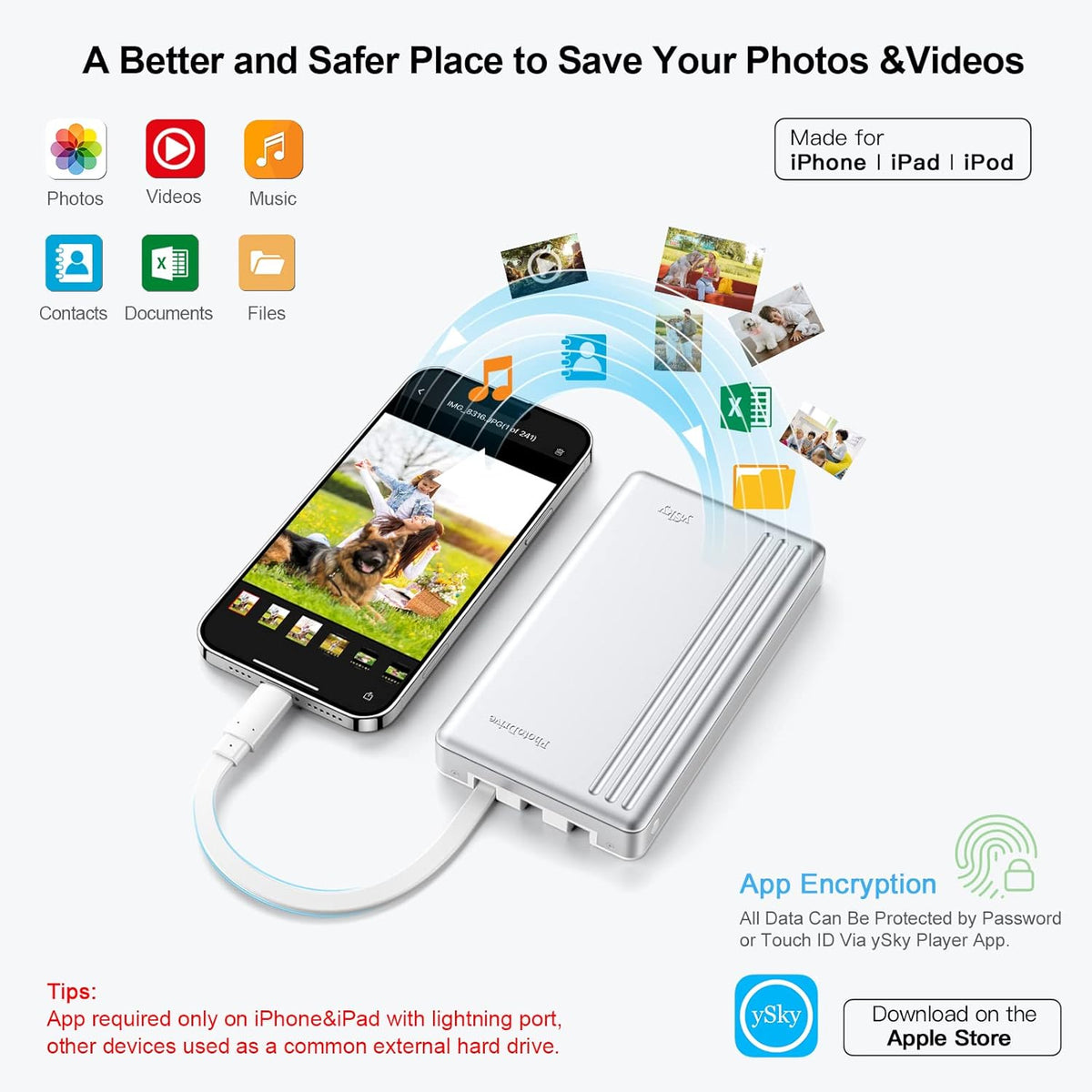 ySky MFi Certified 2TB External Hard Drive for iPhone iPad MacBook Computer,Portable Photo Stick USB Flash Drive Storage Device to Backup Photo| Video | Music| File 【One-Touch Backup】