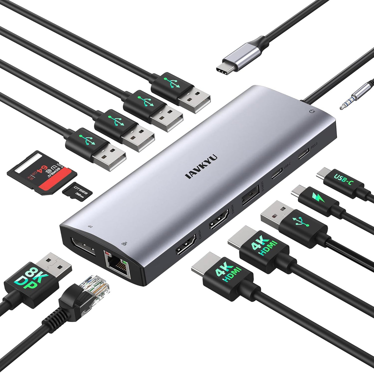 USB C Docking Station 3 Monitors 4K@60Hz, 14-in-1 Laptop Docking Station with 2 HDMI 4K@60Hz, DP 8K@30Hz/ 4K@144Hz, 3 USB 3.0, 2 USB 2.0, RJ45, Audio, PD 100W, USB-C HUB for Windows Laptop Accessories