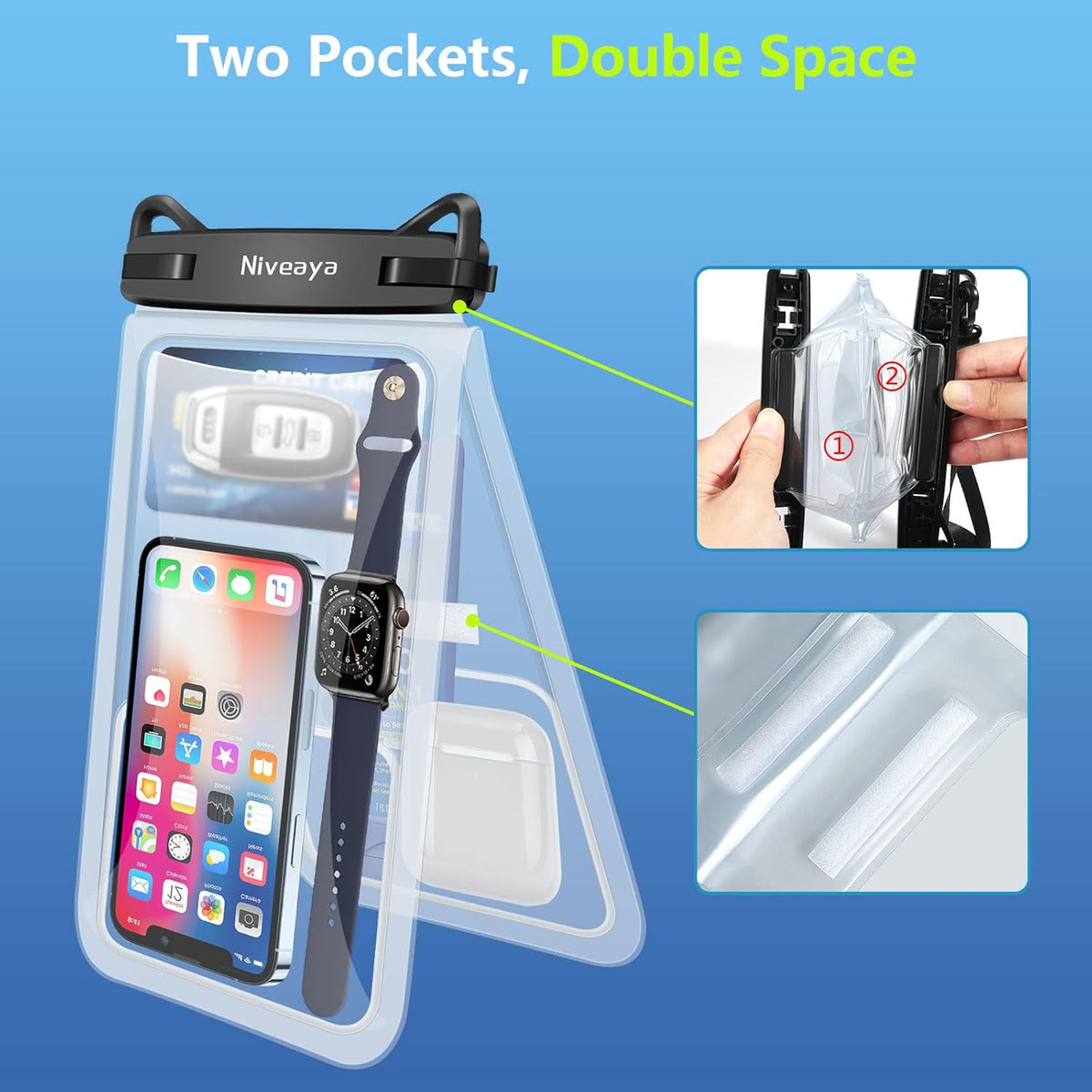 Niveaya Double Space Waterproof Phone Pouch - 2 Pack, Waterproof Phone Lanyard Case with iPhone 16/15/14/13/12 Pro Max up to 8.3", Phone Dry Bags for Vacation Beach Pool Kayak Cruise Travel Essentials