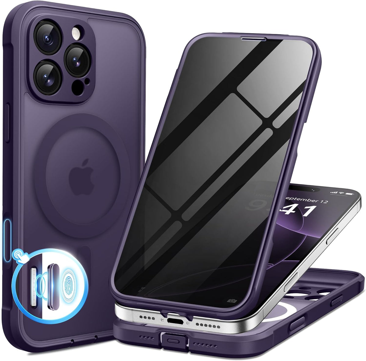 BERFY Magnetic for iPhone 16 Pro Max Case,Compatible with MagSafe,Built-in Privacy Screen Protector and Upgraded Camera Protection,Anti-Spy Full Body Shockproof Phone Case for 16 Pro Max,Deep Purple