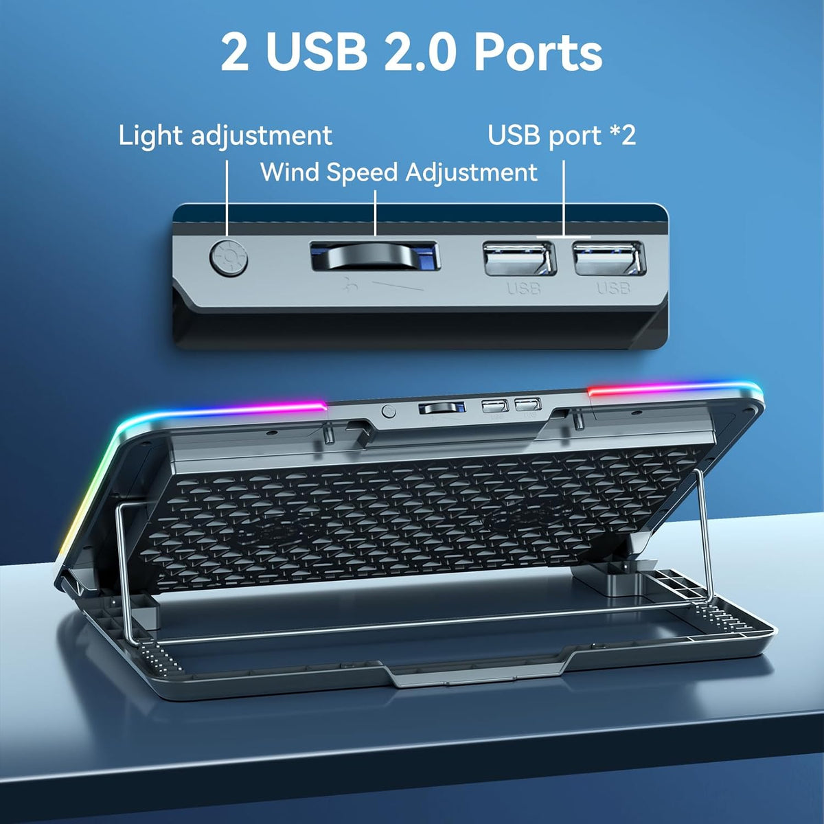 Upgarde Metal RGB Laptop Cooling Pad Gaming Laptop Cooler with 2 Large Fans, Adjustable Fan Speed, 7 Height Stand, 10 Modes Light with Memory Function for 10-17.3 Inch Laptops
