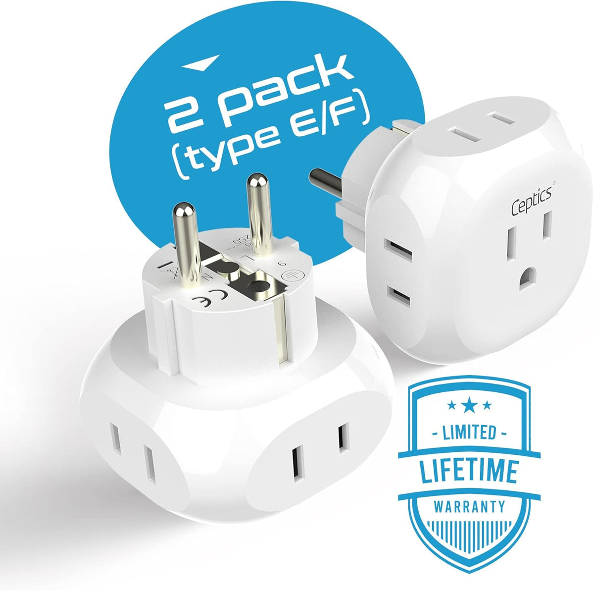 Ceptics European Schuko Travel Plug Adapter Germany France Adapter Charger 4 Input - USA to Any Type E/F Countries Such as Germany, France and More - 2 Pack (PT-9), White