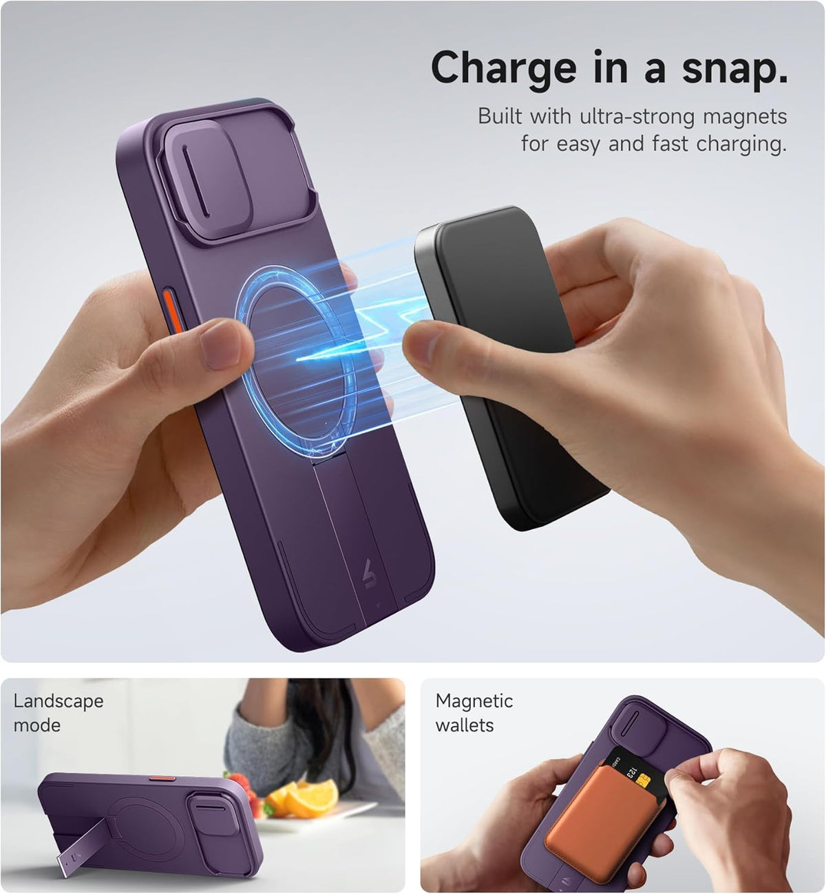 SURITCH for iPhone 15 Case with Magnetic Camera Slide Cover and Adjustable Kickstand, Compatible with MagSafe, Shockproof Bumper Case Slim Protective Cover 6.1 Inch, Dark Purple
