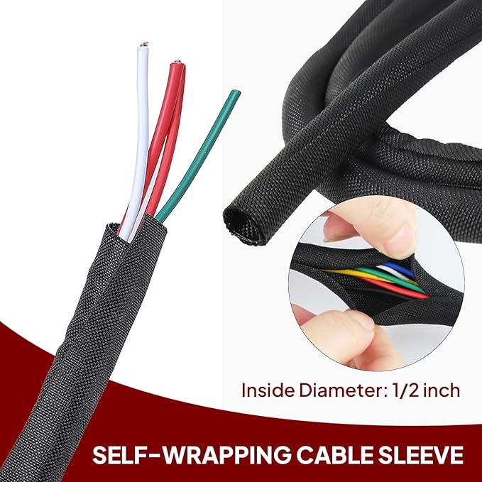 BuyUneed Black Split Braided Cable Management Sleeves 1/2inch -30Feet