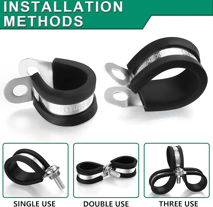 OURU 30pcs 5/16 Inch Stainless Steel Cable Clamps,Rubber Coated Cushioned Insulated Cable Clamp,Automotive Cable Wire Clamps,Pipe Clamps,Metal Clamp for Tube,Lines,Wire Cord Installation(Black,8mm)