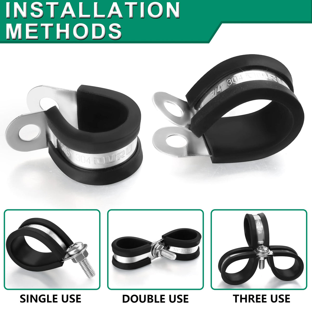 OURU 30PCS Cable Clamps Assortment Kit,7 Sizes—1/8" 3/16" 1/4" 5/16" 3/8" 1/2" 3/4" Stainless Steel Rubber Coated Cushioned Insulated Cable Clamp,Automotive Wire Pipe Clamps