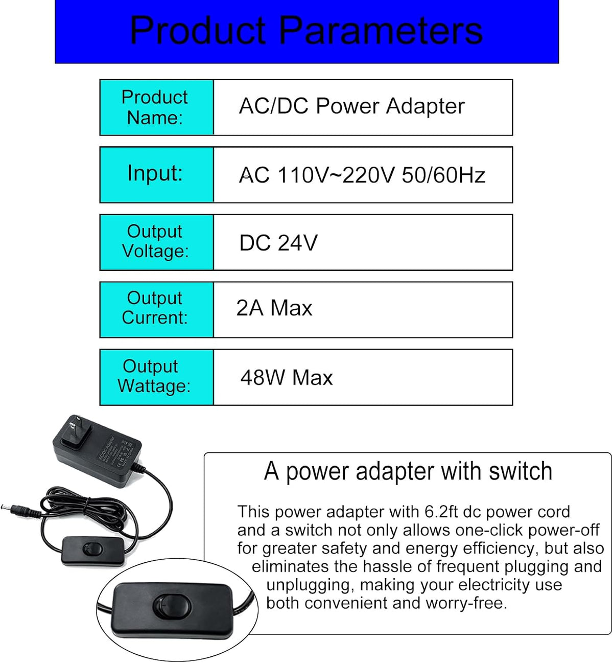 Gilivier 24V 24V 6.2FT 100-240V 50/60Hz 24Volt 48W 2A 1.5A 1A 0.5A 5.52.5mm&14 Power Supply AC Adapter DC Power Cord