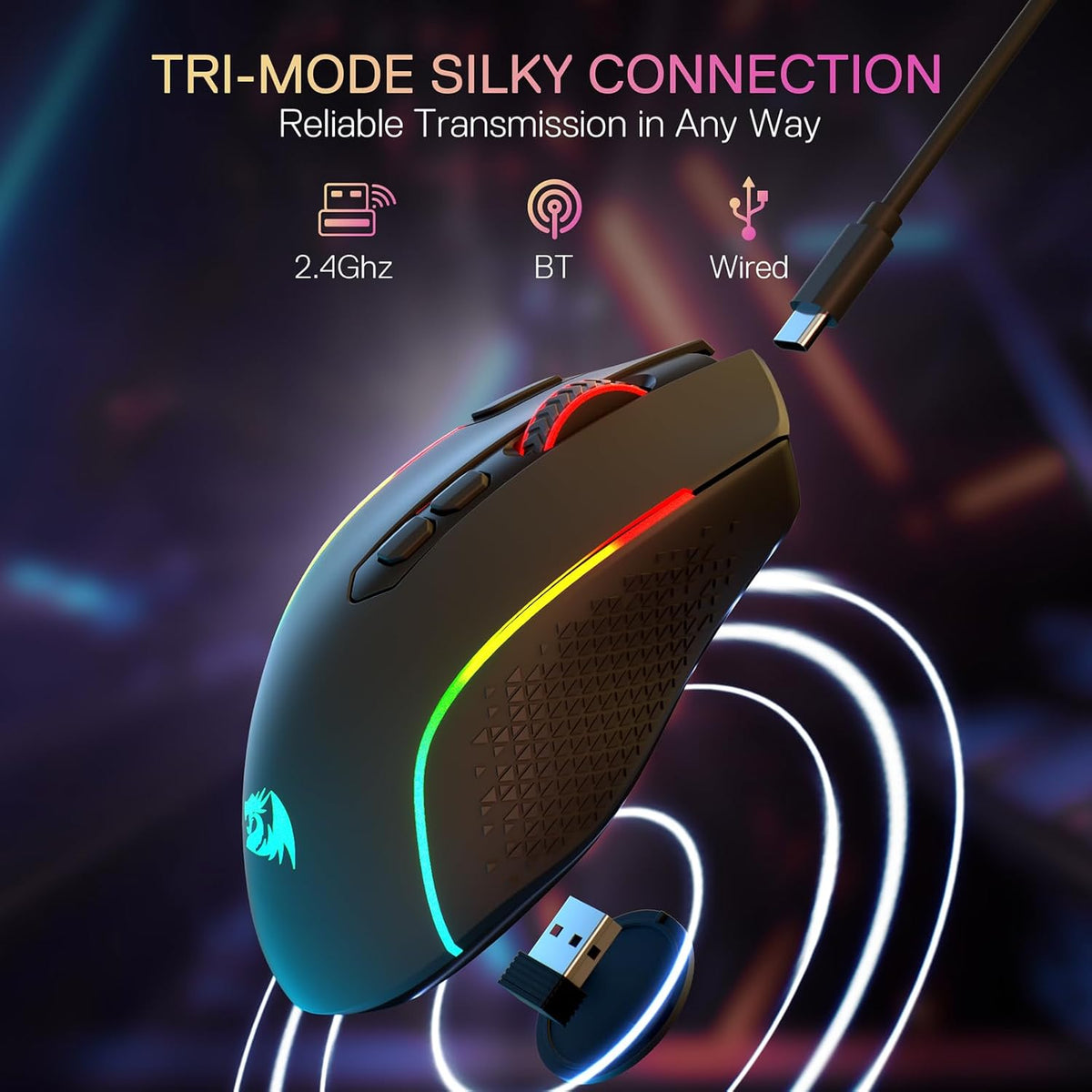 Redragon M810 MAX 3-Mode Wireless Gaming Mouse, 12000 DPI Wired/Wireless RGB Mouse w/Rapid Fire Key, 8 Macro Buttons, 188-Hour Reliable Power Capacity for PC/Mac/Laptop