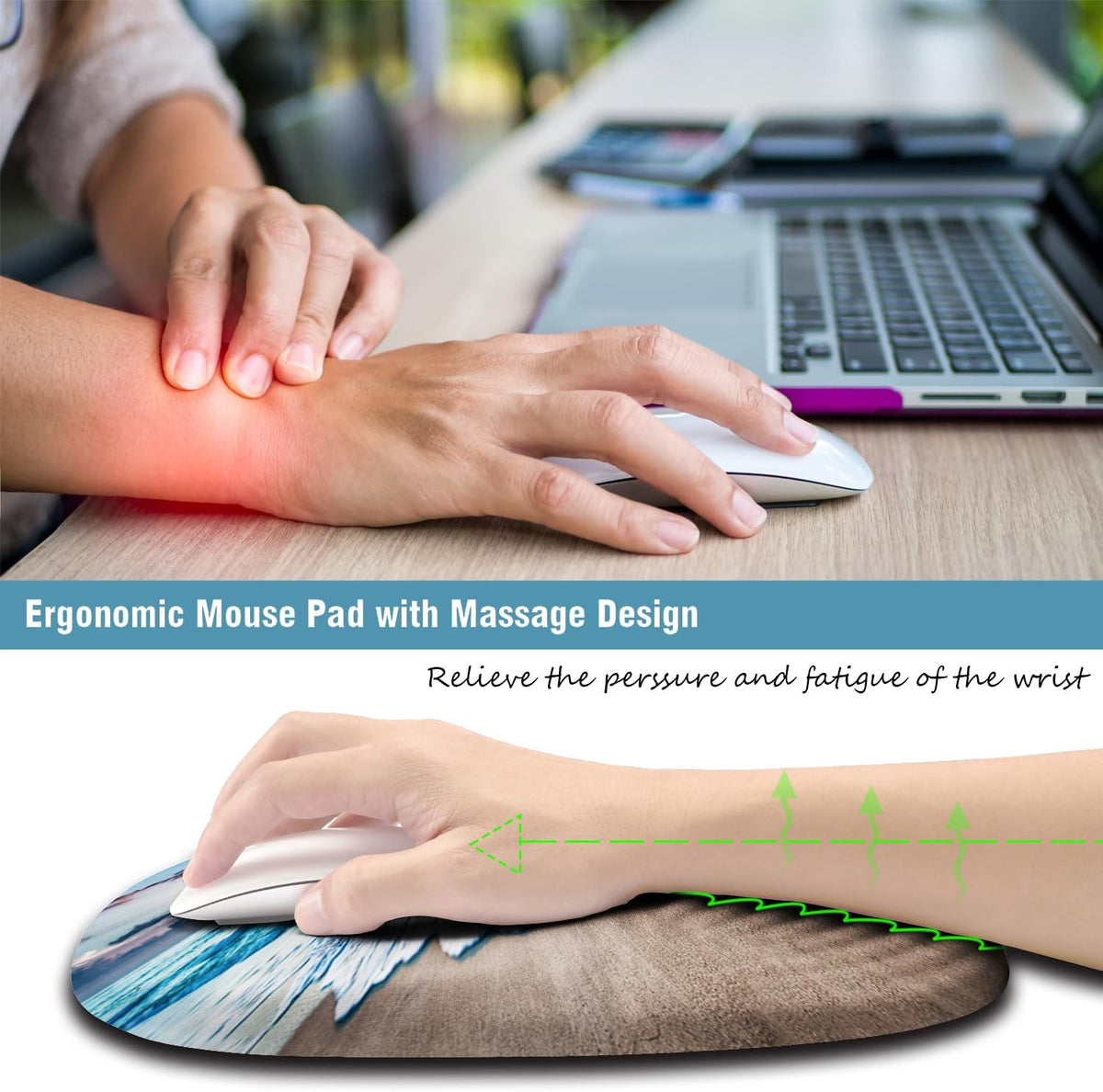 Sunset Mouse Pad, Ergonomic Mouse Pad with Wrist Rest Support, Non-Slip PU Base Desktop Mousepad for Pain Relief, Computer, Office & Home, Beach