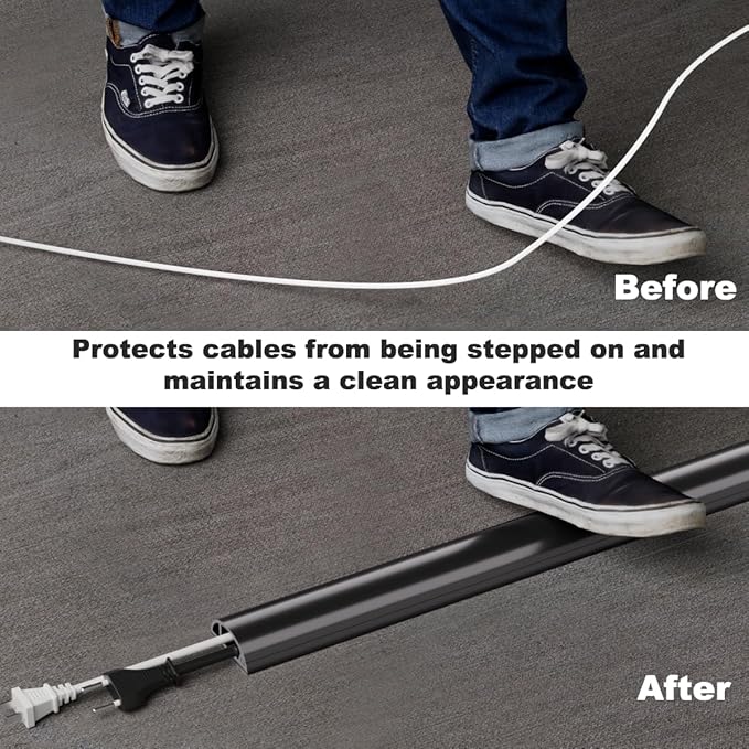 Kneelisa 6FT Side-Open Extension Cord Covers for Wires on Floor,Silicone Power Cable Protector Cord Hider Management Strip,Hide Electric Wire on Carpet,Chord Runner Protective Safety,Black