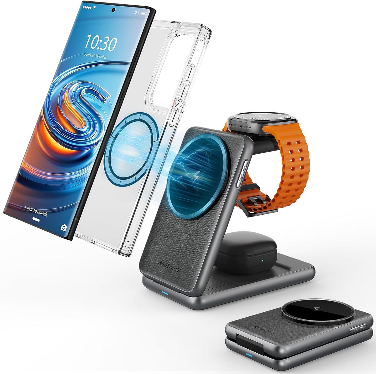 Magnetic Wireless Charger for Samsung, 3 in 1 Foldable MagSafe Charging Station for Galaxy S25 Ultra/S24/Z Fold7/Flip7/Buds, One-Click Ejection Charger Only for Samsung Galaxy Watch 8/Ultra/7